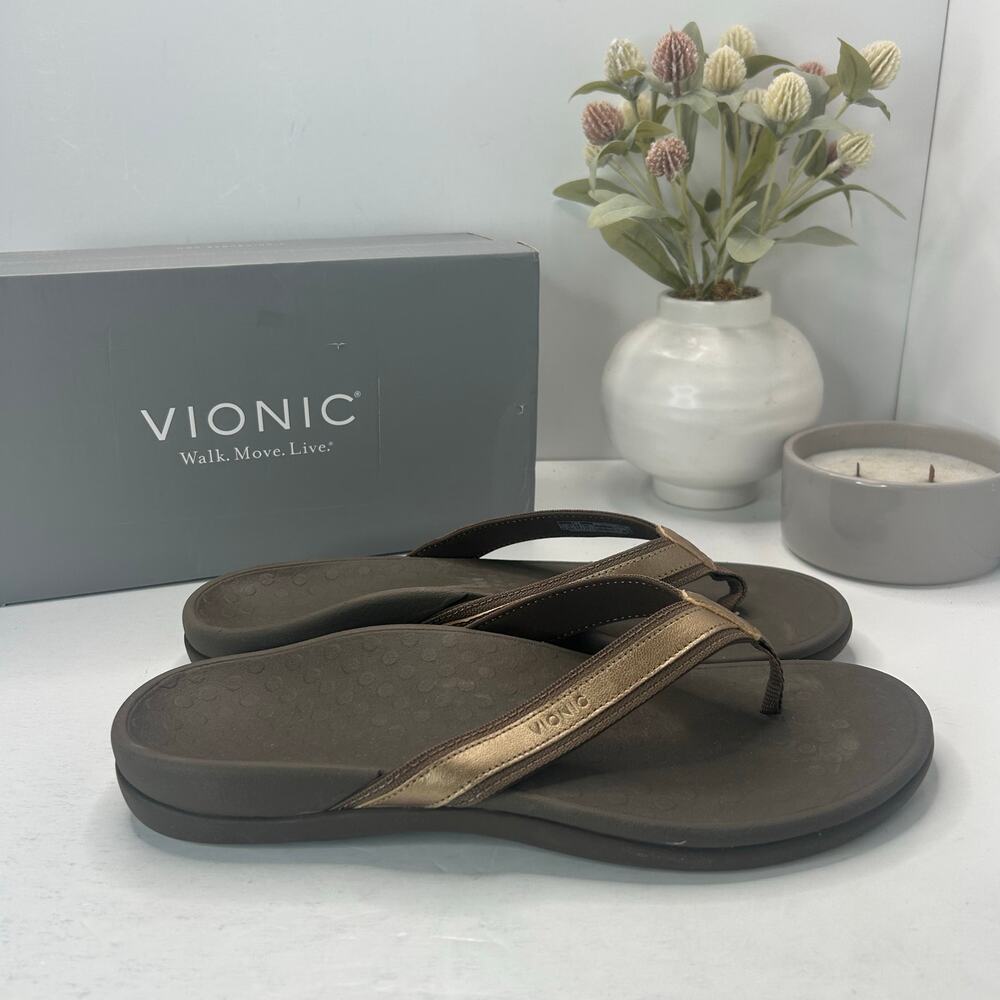 Vionic Tide Orthotic Comfort Slip On Flip Flops Bronze Metallic Men 12 Tried On